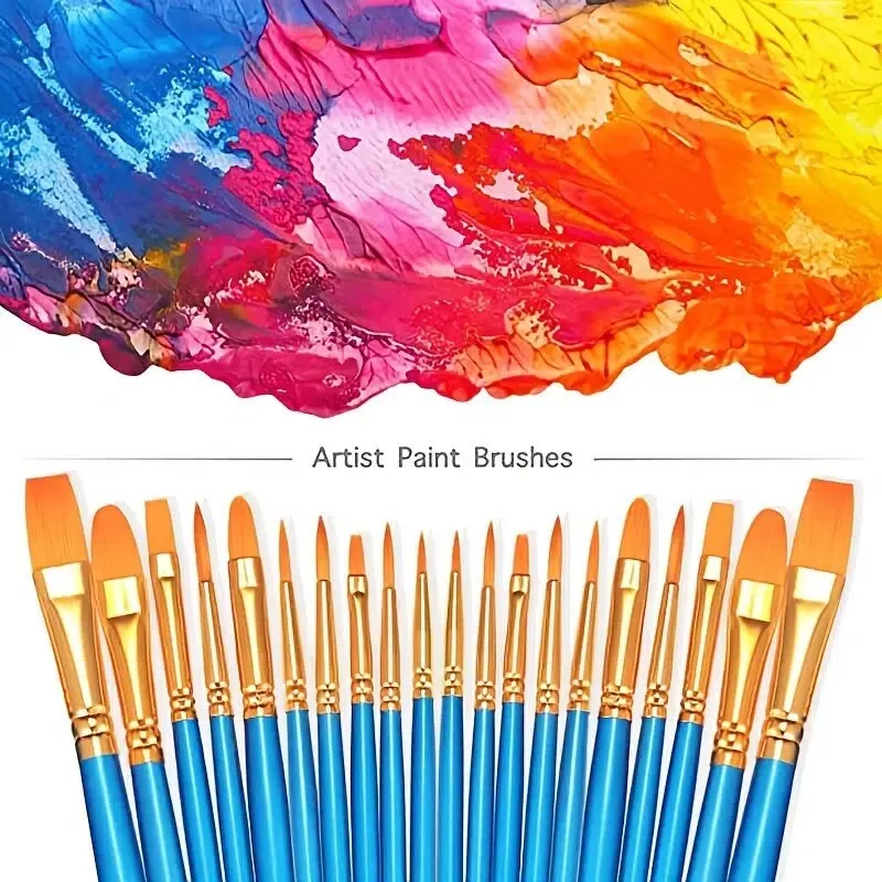 20pcs Pearlescent Blue/Pink Nylon Wool Oil Painting Brush Watercolor Painting Hook Line Pen Set Round Head Brush