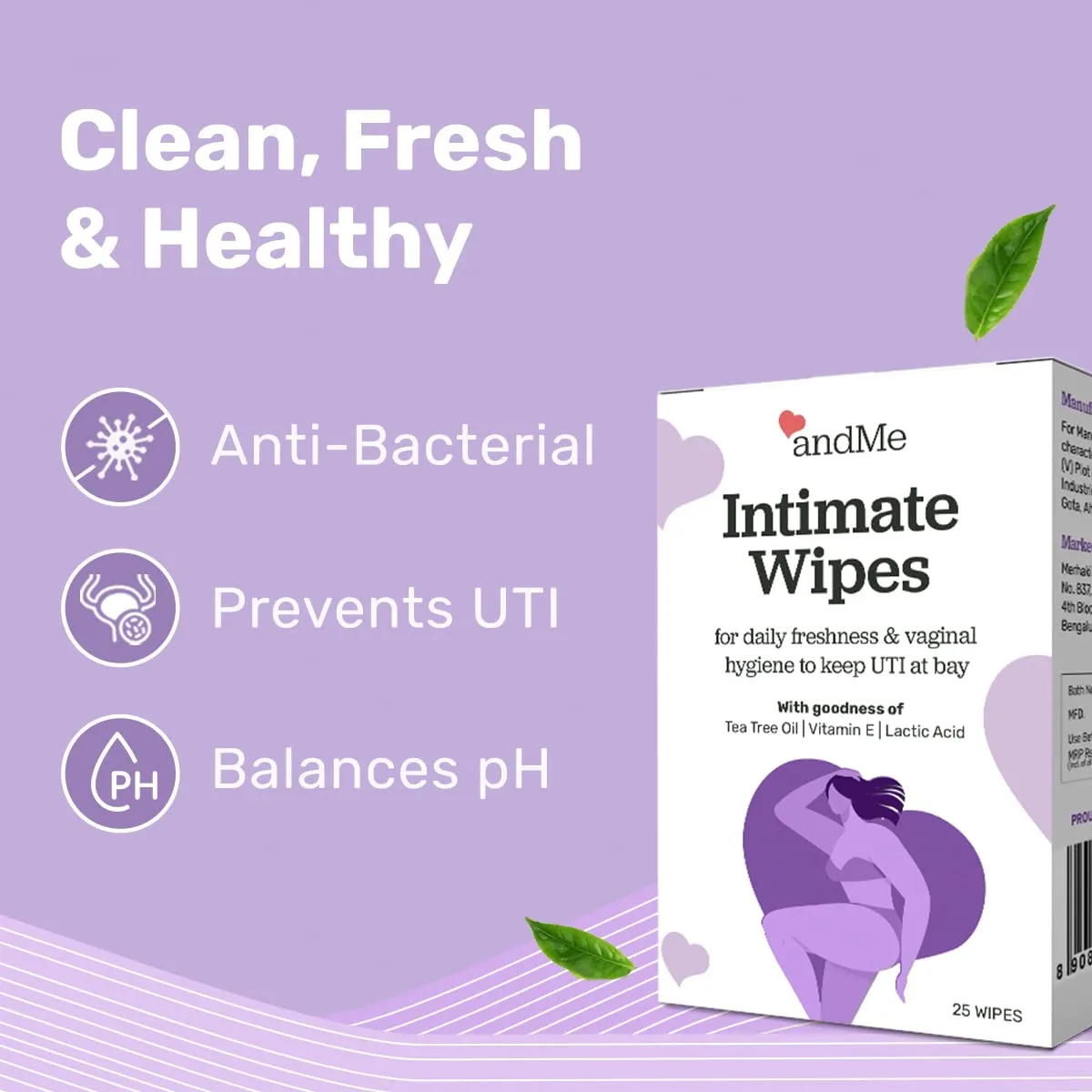 andMe Intimate Wipes for Intimate Hygiene, 100% Biodegradable, pH Balanced, UTI Protecting Wipes - 25 Wipes