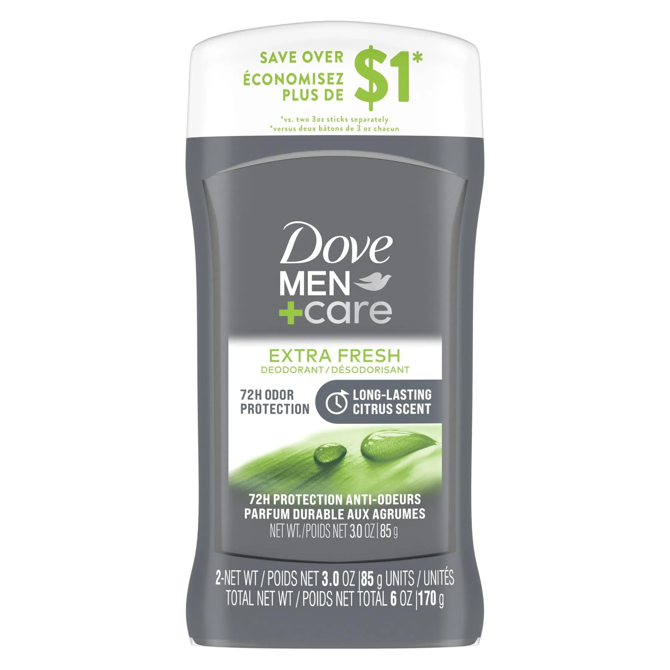 Dove Men Care Extra Fresh Antiperspirant Deodorant Stick Twin Pack, Citrus, 3 oz