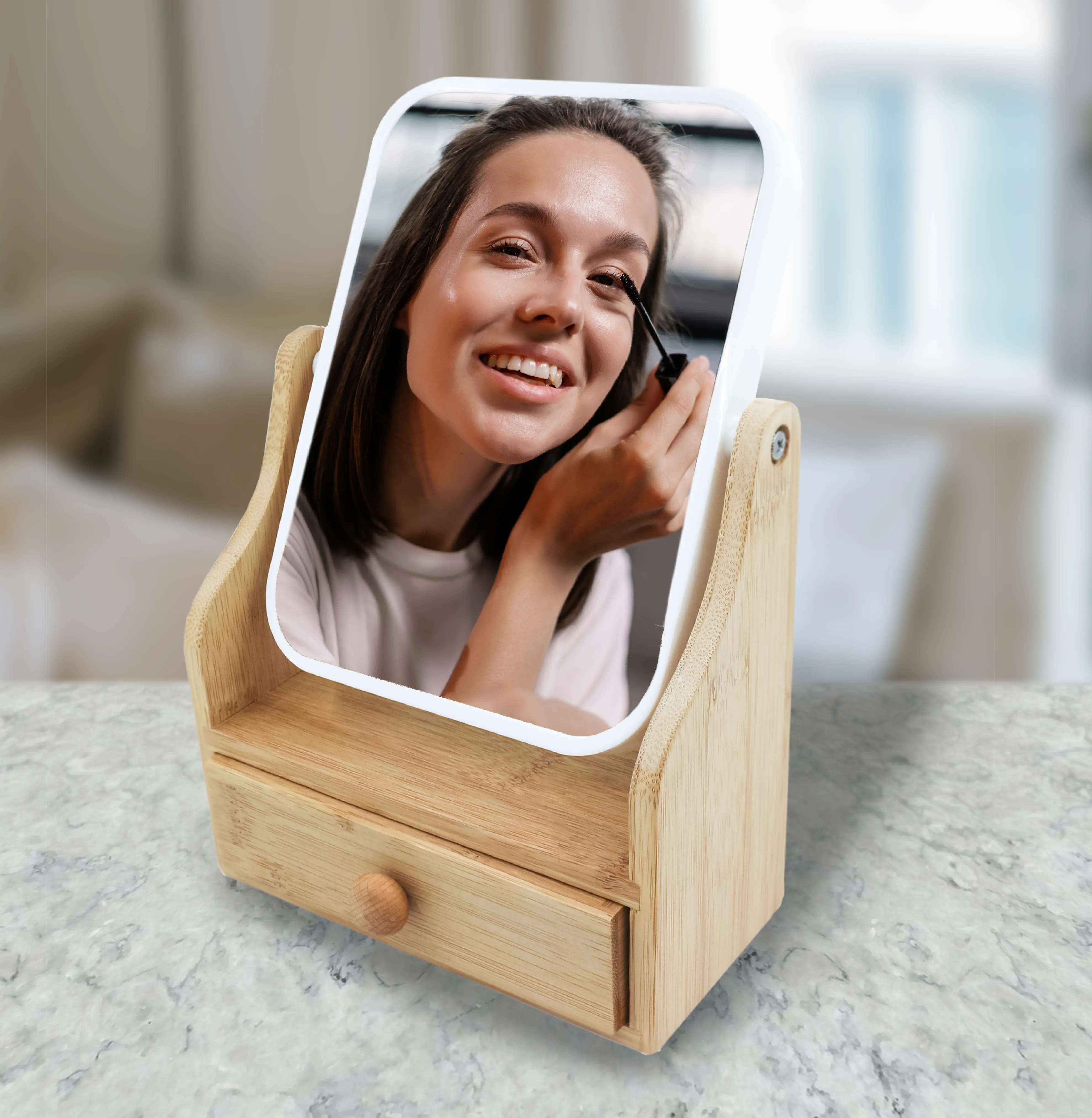 Dual-Sided Vanity Mirror with Bamboo Drawer Base