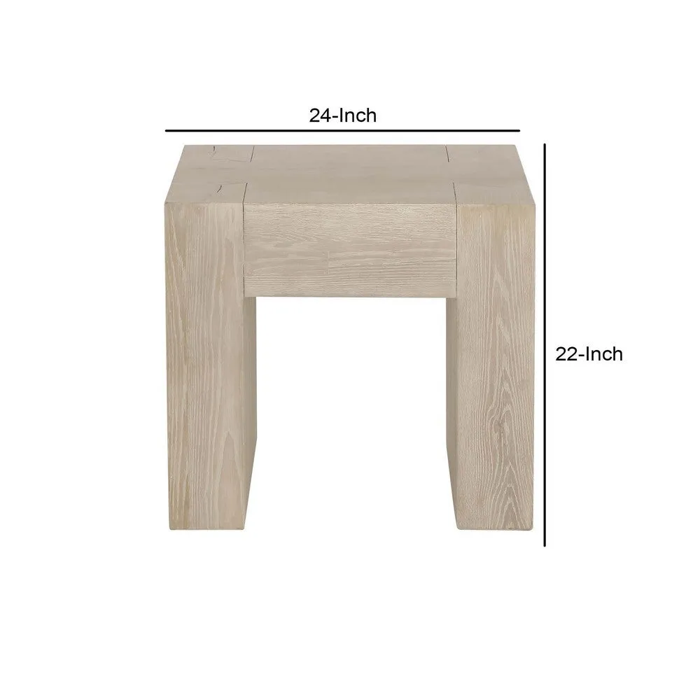 Elsa 24 Inch End Table, Square, Dovetail Details, Meadow White Cracked Oak By Casagear Home