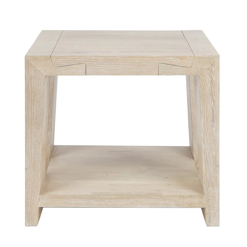 Hendri 24 Inch Side End Table, Square Oak Wood Frame, Shelf, Tan Beige By Casagear Home