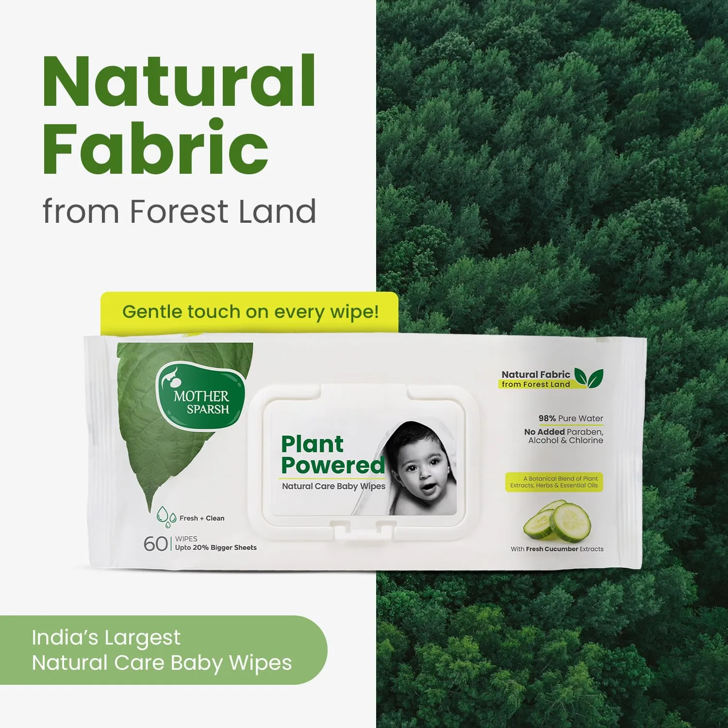 Mother Sparsh Natural Care Baby Wipes I 100% Plant Made Fabric From Forest Land | Plant Powered Wet Wipes with Cucumber Extract For Baby I Cotton Cloth Like Bigger Sheets | 60 Pcs (Pack of 4)