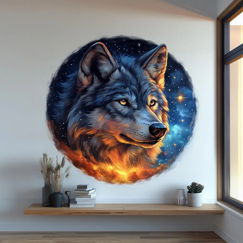 Mystical Wolf Wall Sticker | Cosmic 3D Wolf Mural Art | Celestial Animal Wall Decal Decor for Living Room, Bedroom, Nature-Inspired Accent