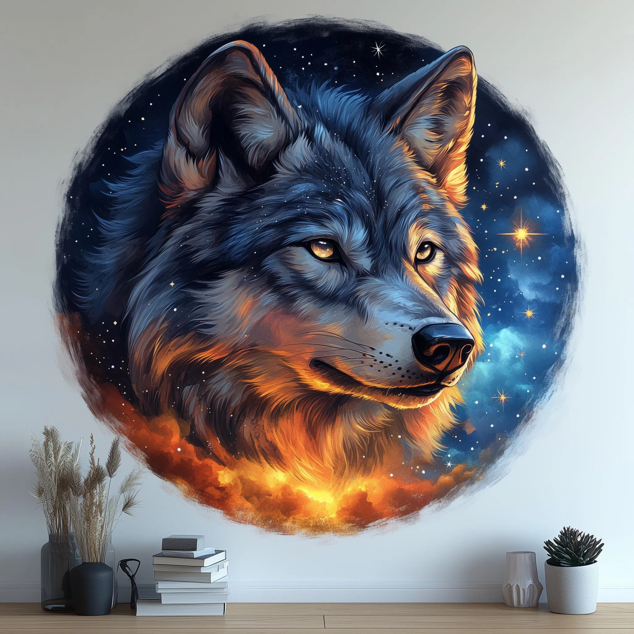 Mystical Wolf Wall Sticker | Cosmic 3D Wolf Mural Art | Celestial Animal Wall Decal Decor for Living Room, Bedroom, Nature-Inspired Accent