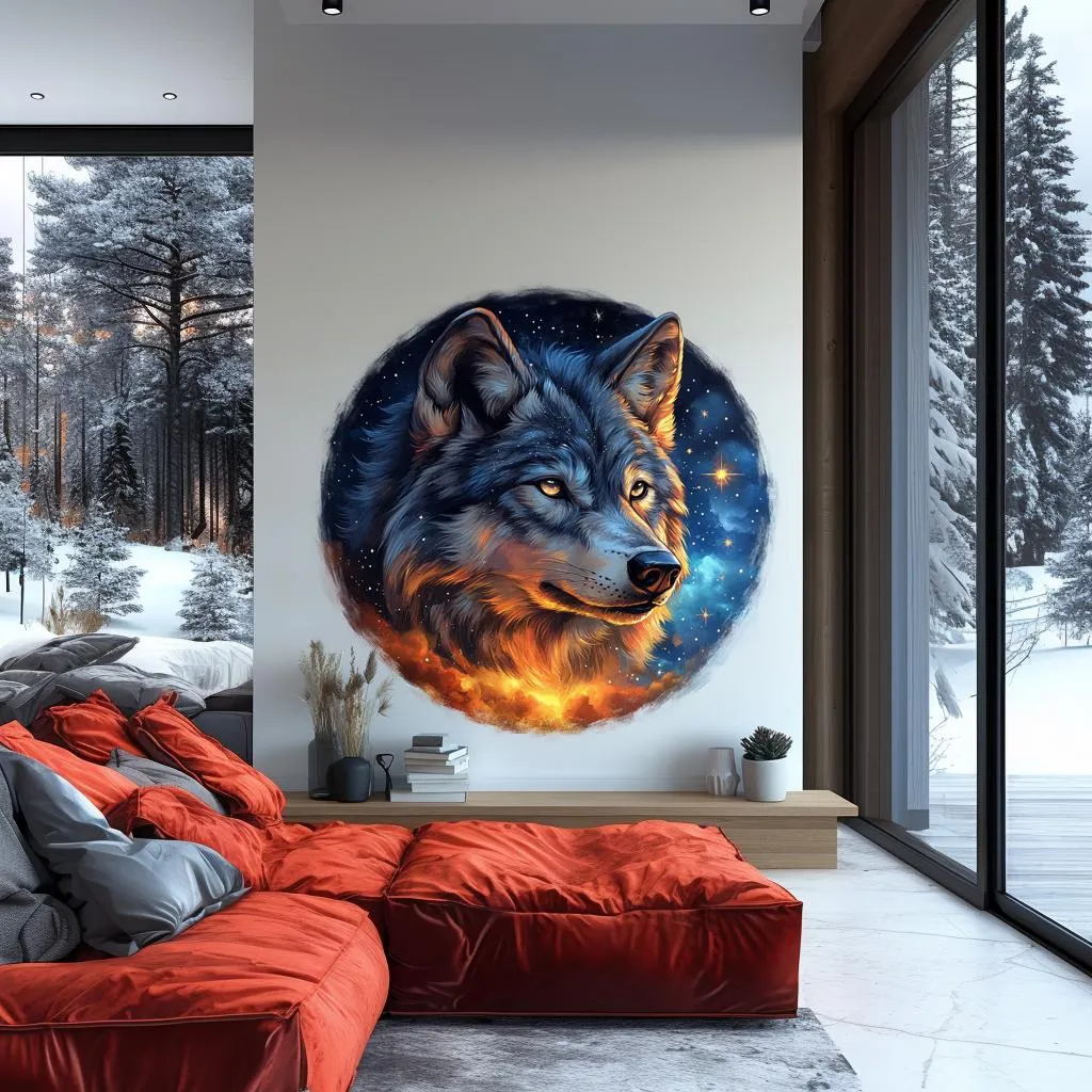 Mystical Wolf Wall Sticker | Cosmic 3D Wolf Mural Art | Celestial Animal Wall Decal Decor for Living Room, Bedroom, Nature-Inspired Accent