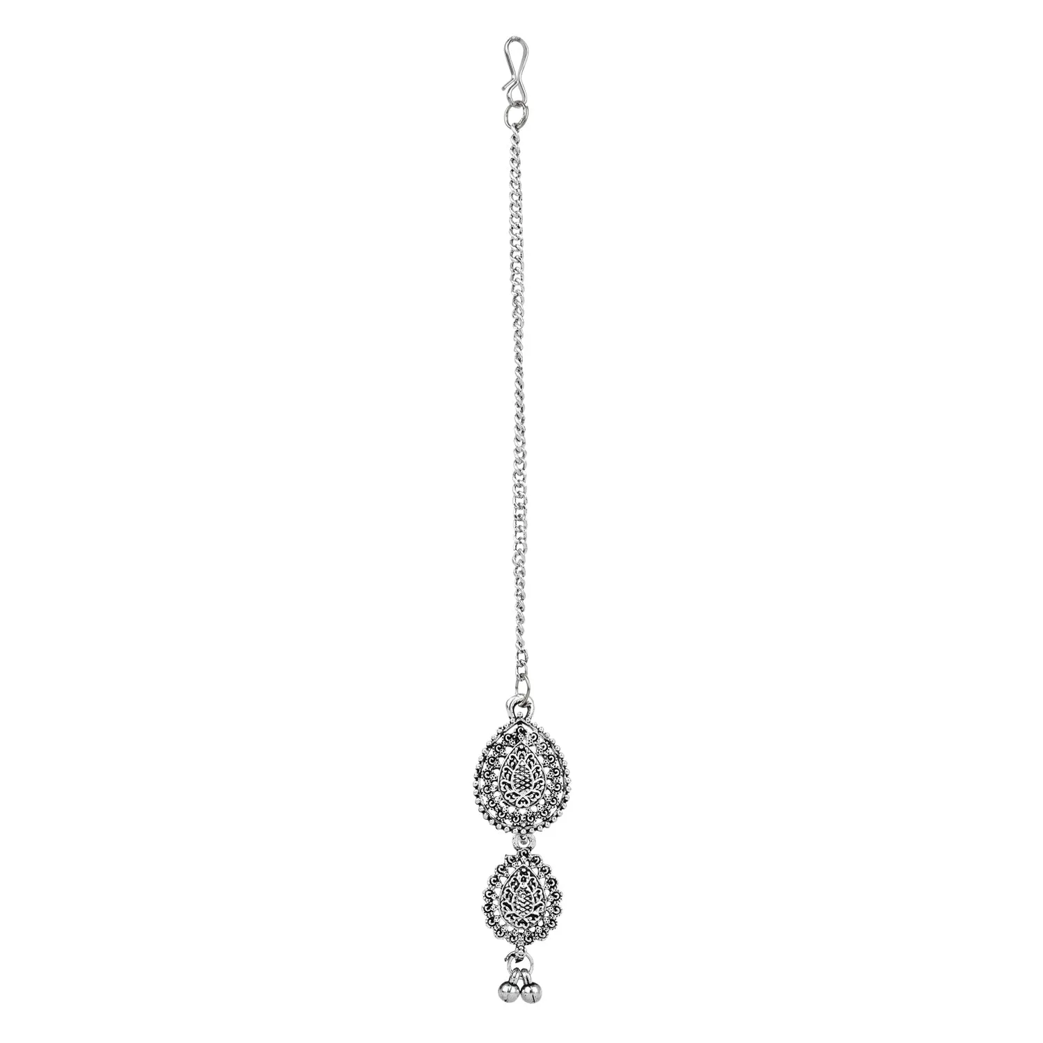 Navratri Ethnic Silver Oxidised Floral Design Ghungroo Long Necklace Jewellery With Jhumka Earrings Set For Women/Girls