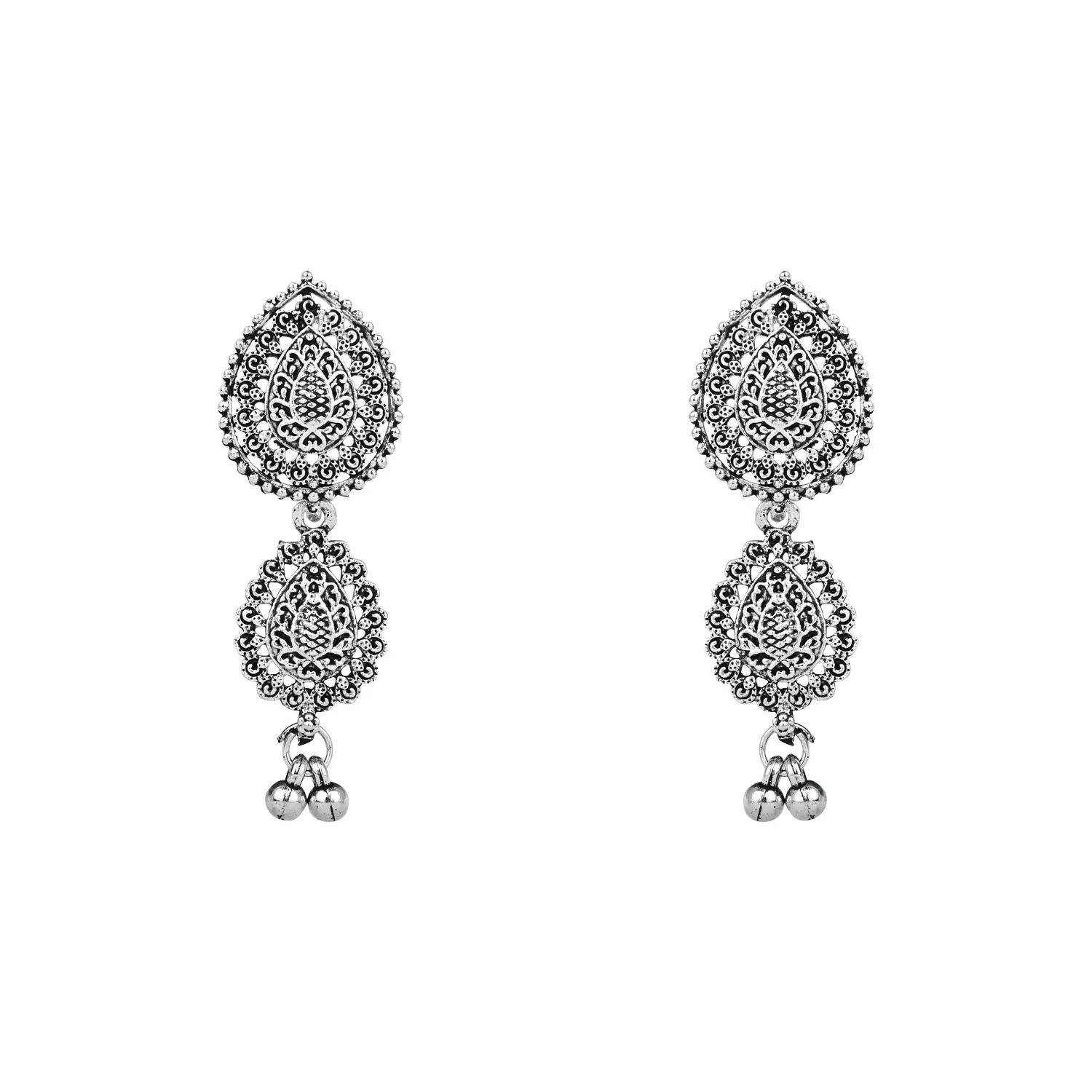 Navratri Ethnic Silver Oxidised Floral Design Ghungroo Long Necklace Jewellery With Jhumka Earrings Set For Women/Girls