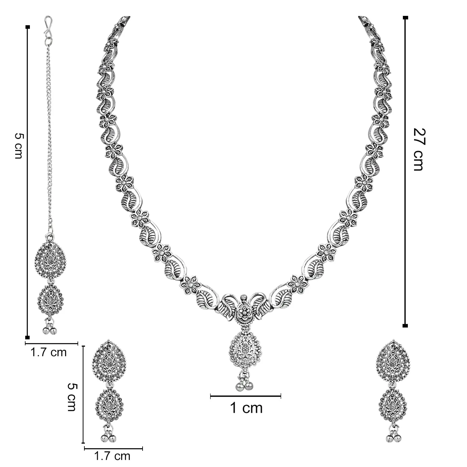 Navratri Ethnic Silver Oxidised Floral Design Ghungroo Long Necklace Jewellery With Jhumka Earrings Set For Women/Girls