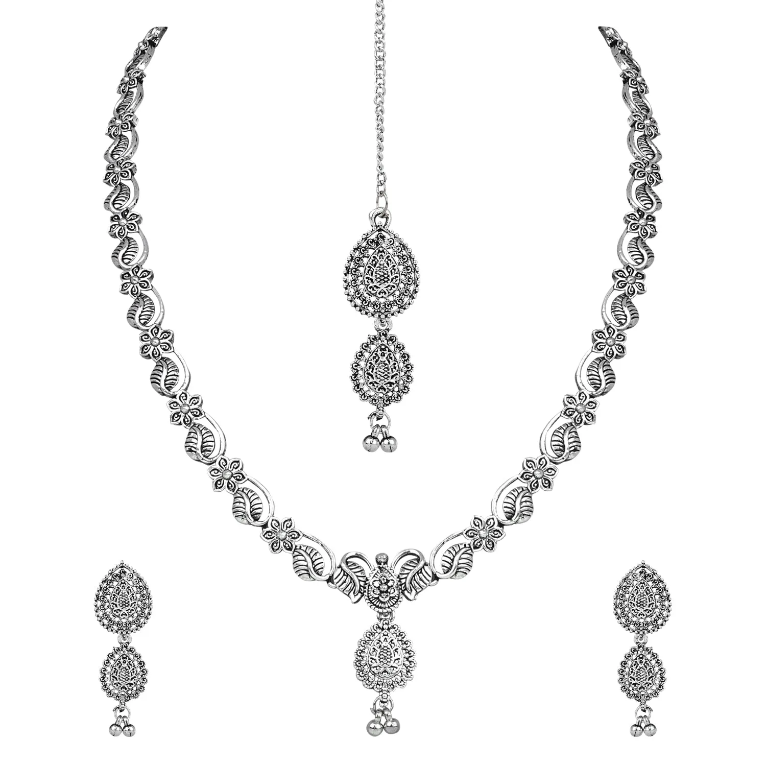 Navratri Ethnic Silver Oxidised Floral Design Ghungroo Long Necklace Jewellery With Jhumka Earrings Set For Women/Girls