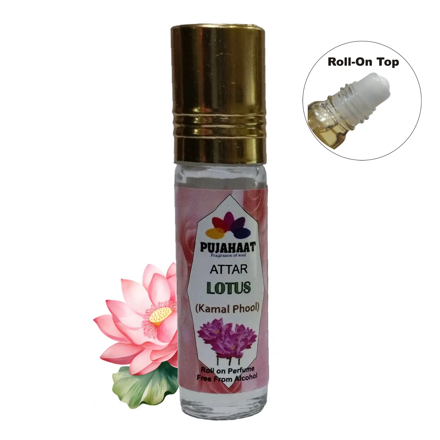 Pujahaat Premium Alcohol-Free Lotus Attar | Ittar 6 ml, Fresh Floral Scent, Long-Lasting Travel Size Roll-On, Best Lotus Attar Fragrance Oil