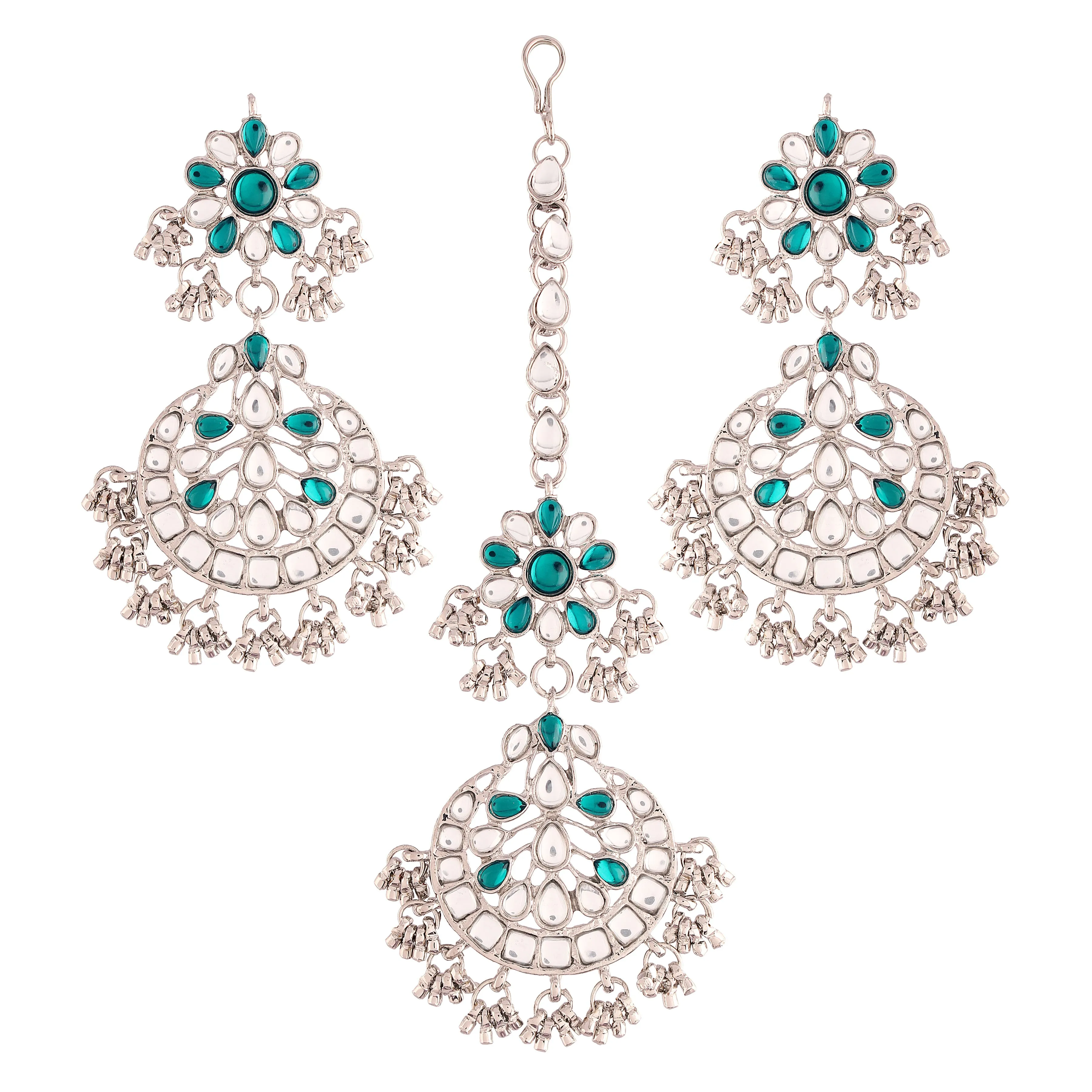 Rhodium Plated Traditional Handcrafted Earrings With Maang Tikka Encased with Faux Kundan & Pearl for Women/Girls