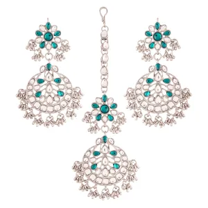 Rhodium Plated Traditional Handcrafted Earrings With Maang Tikka Encased with Faux Kundan & Pearl for Women/Girls