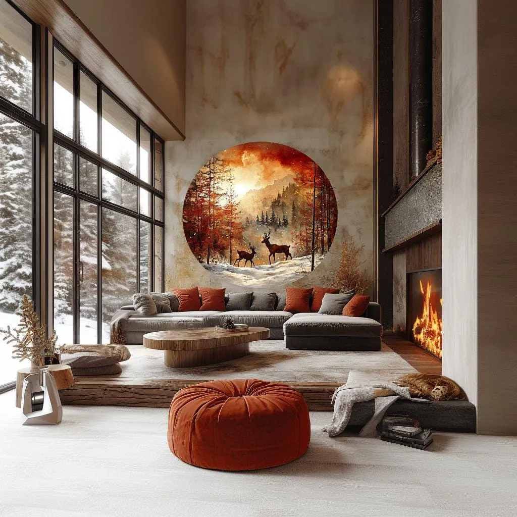 Winter Forest Wall Sticker Decal | Deer & Mountain Landscape Mural | Nature Wall Art | Rustic Home Decor | Large Autumn Wall Sticker