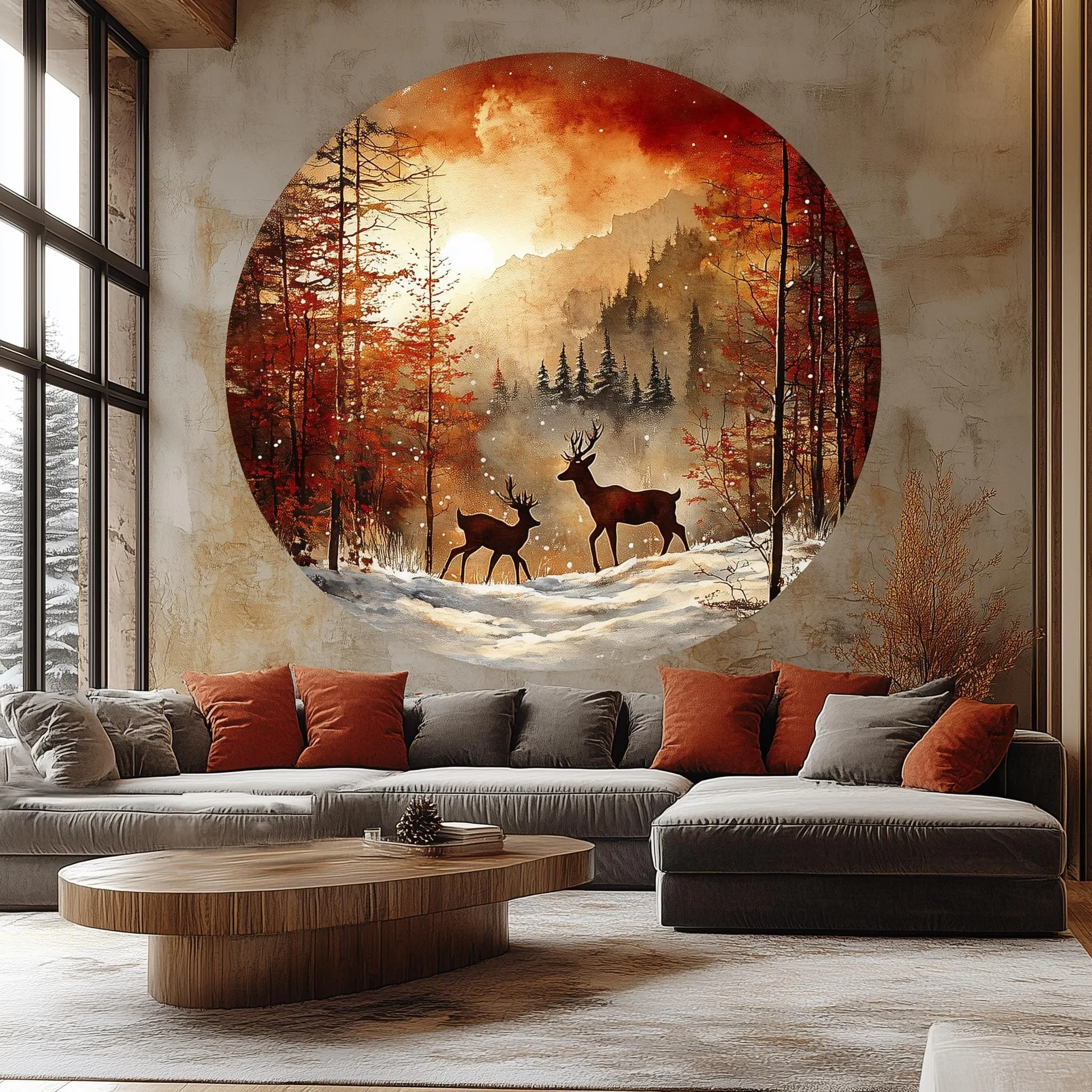 Winter Forest Wall Sticker Decal | Deer & Mountain Landscape Mural | Nature Wall Art | Rustic Home Decor | Large Autumn Wall Sticker