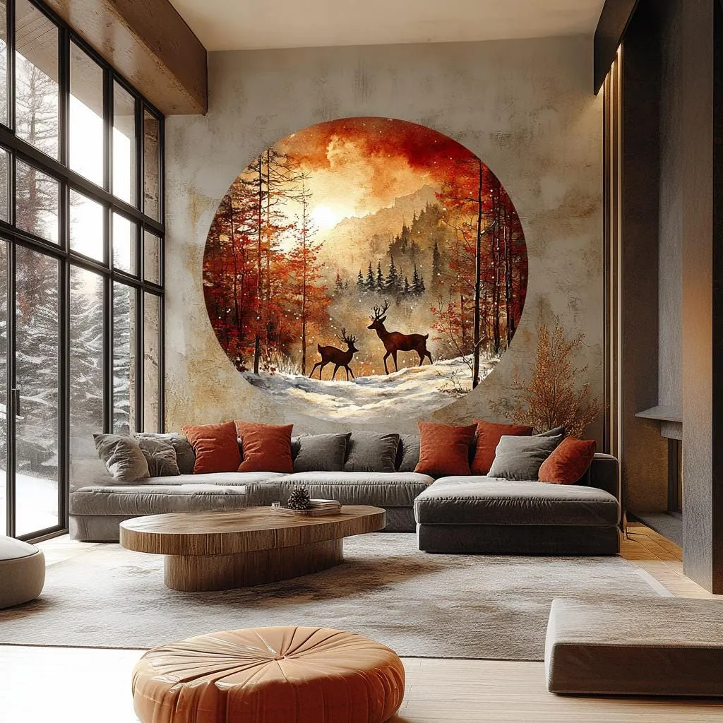 Winter Forest Wall Sticker Decal | Deer & Mountain Landscape Mural | Nature Wall Art | Rustic Home Decor | Large Autumn Wall Sticker